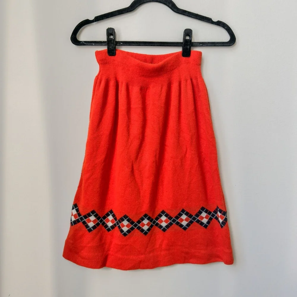 Vintage 70s/80s Vibrant Orange Argyle Pattern Skirt Size S Retro Preppy